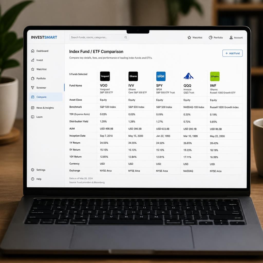 Pantalla de portátil con tabla comparativa de ETF y fondos indexados con comisiones TER en plataforma financiera