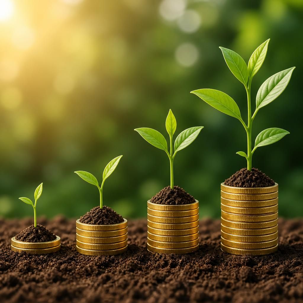 Planta verde brotando de la tierra con monedas doradas alrededor, concepto de inversión de crecimiento constante