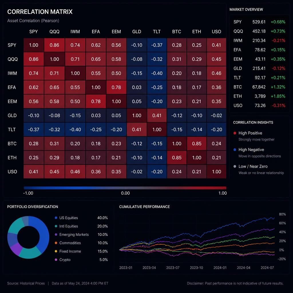 Mapa de calor de matriz de correlación en pantalla digital oscura con visualización de datos financieros