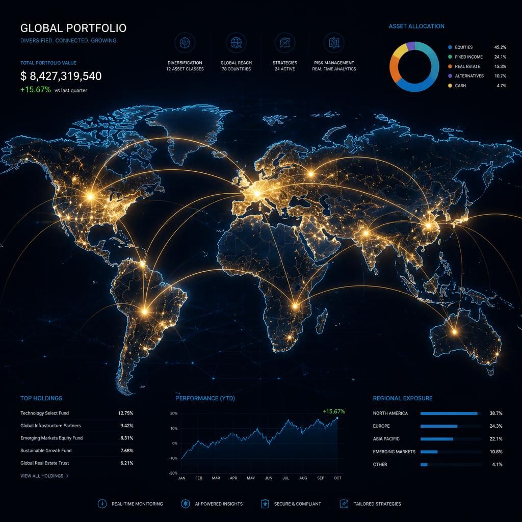 Mapa mundial luminoso con líneas de red de inversión financiera sobre fondo oscuro, cartera global
