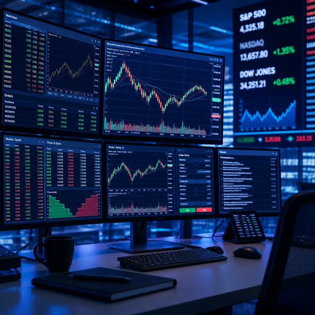 Pantallas de trading con gráficos bursátiles y flujos de datos en oficina moderna con iluminación azul