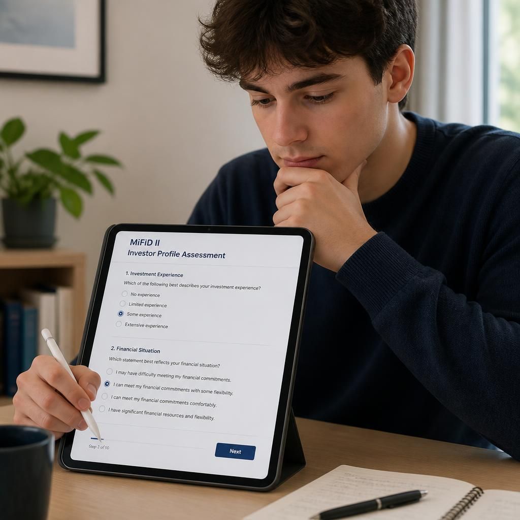 Persona joven completando un cuestionario financiero en tableta digital, evaluación de perfil inversor MiFID II