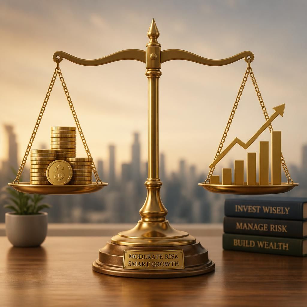 Balanza dorada equilibrada con monedas y gráfico de crecimiento ascendente, inversión de riesgo moderado